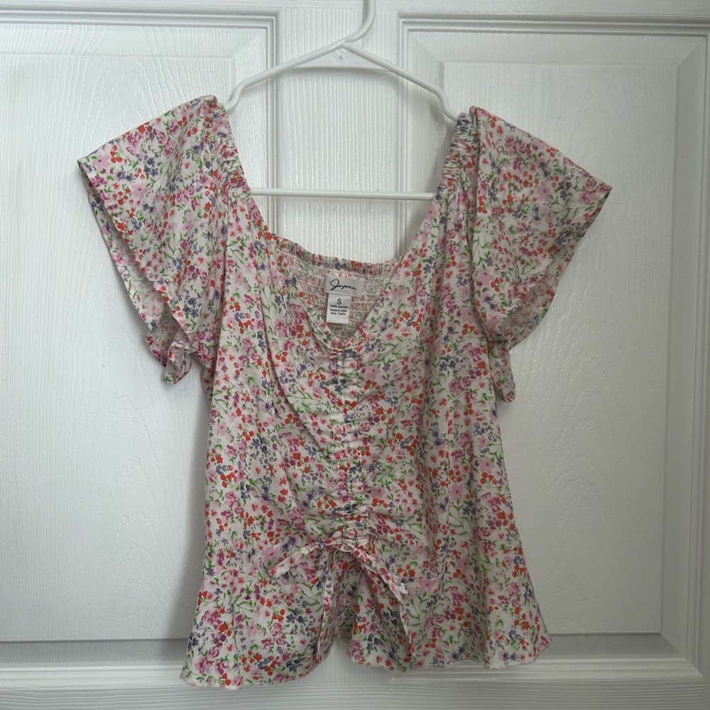 J. Jill Red and Pink Ruffled Flutter Sleeve Blouse